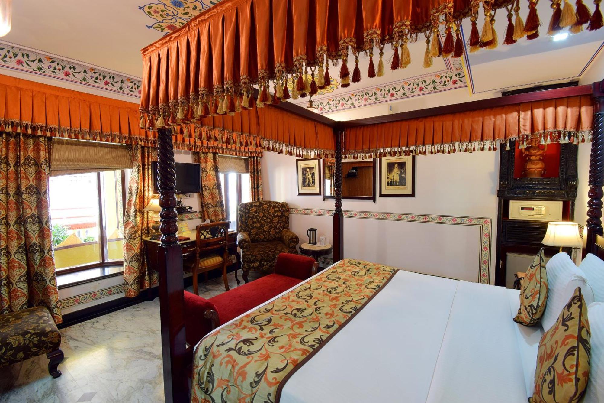 Royal Deluxe Family pickup on arrival from train or bus station Enjoy a daily Rajasthani dance & music show from 7–9 PM swimming pool a dedicated travel desk to assist local sightseeing tours intercity travel arrangements & activit